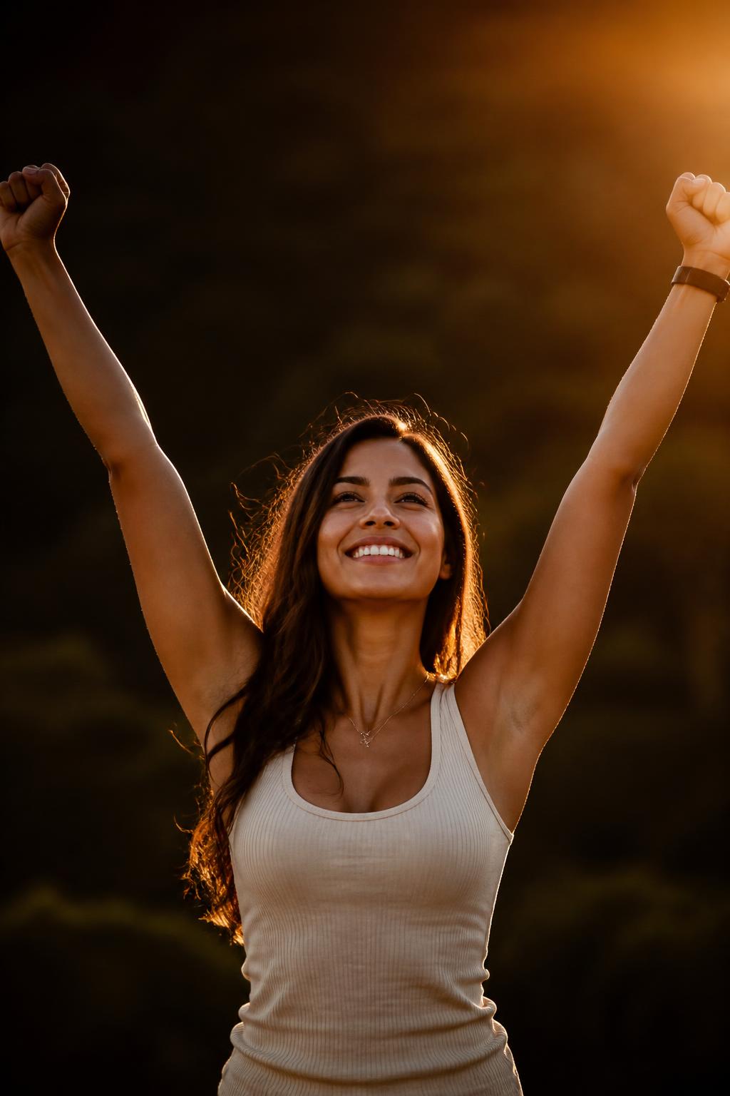 Mulher confiante com os braços levantados ao sol